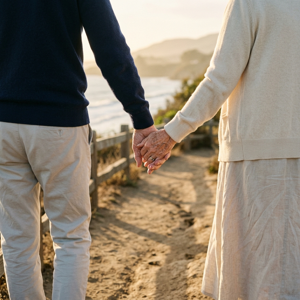 Couple holding hands in morning light